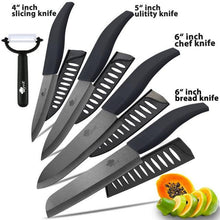 Charger l'image dans la galerie, Ceramic Knife 3, 4, 5, 6 inch Kitchen Knives Serrated Bread Set + Peeler Zirconia Black Blade Fruit Chef Knife Vege Cook Tool - OnPointe Cutlery & Shaving Company