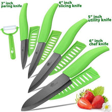 Load image into Gallery viewer, Ceramic Knife 3, 4, 5, 6 inch Kitchen Knives Serrated Bread Set + Peeler Zirconia Black Blade Fruit Chef Knife Vege Cook Tool - OnPointe Cutlery &amp; Shaving Company 
