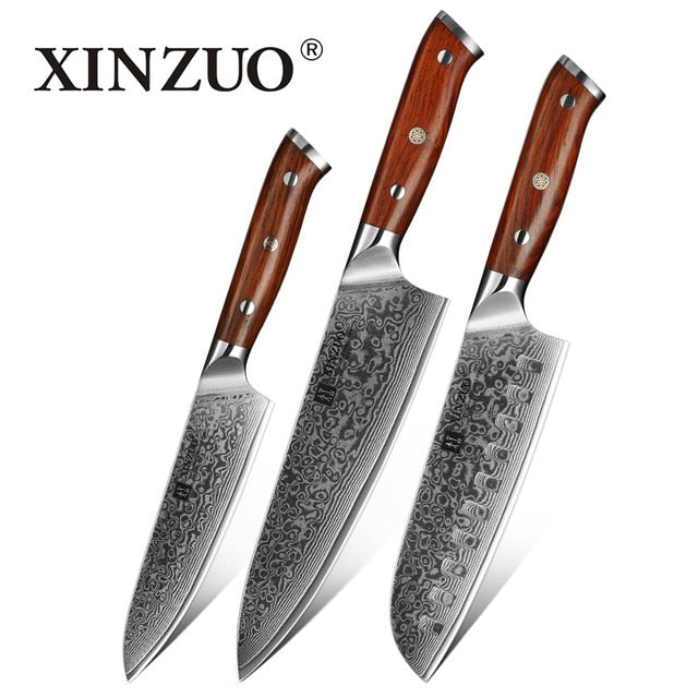 XINZUO 3PCS Pro Kitchen Knife Sets Japanese forged Damascus Steel Chef Santoku Knives Stainless Steel Rosewood Handle knife Chef - OnPointe Cutlery & Shaving Company 