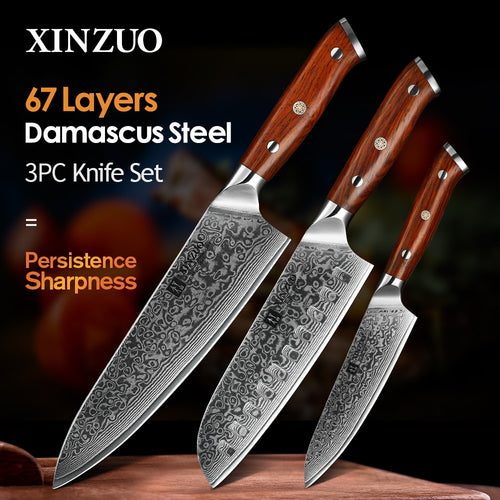 XINZUO 3PCS Pro Kitchen Knife Sets Japanese forged Damascus Steel Chef Santoku Knives Stainless Steel Rosewood Handle knife Chef - OnPointe Cutlery & Shaving Company 