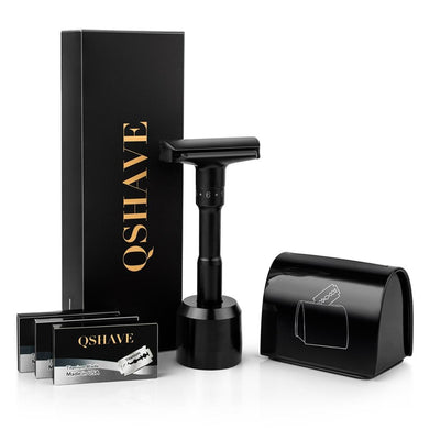 QShave Luxurious Black Adjustable Safety Razor kit  Men's Shaving kit Holder + Razor + Blade Disposal Case +15 Blades set - OnPointe Cutlery & Shaving Company 
