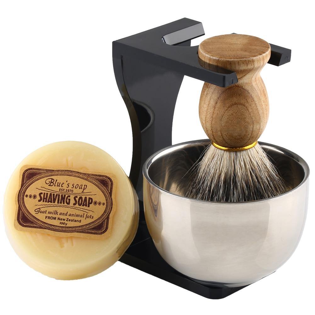 Barber Shaving Brush Pure Badger Hair Wood Hanndle + Black Acrylic Stand + bowl + Soap Set - OnPointe Cutlery & Shaving Company 