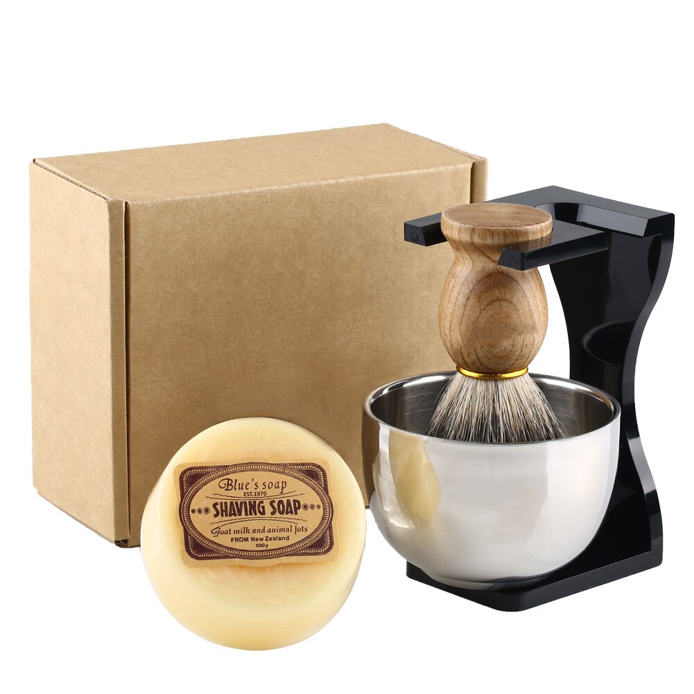 New Barber Shaving Wooden Brush Pure Badger Hair+Black Acrylic Stand+bowl+Soap Set with Box - OnPointe Cutlery & Shaving Company 